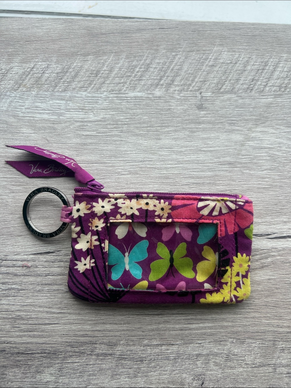 Vera Bradley Purple Floral & Butterfly Zip ID Case with Keyring